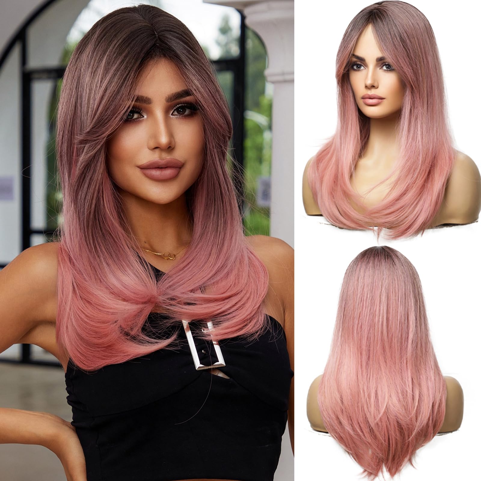 Esmee Long Straight Ombre Pink Wigs for Women Synthetic Layered Light Pink Hair Wig with Fringe for Daily Party Cosplay Use-20Inches — image 1