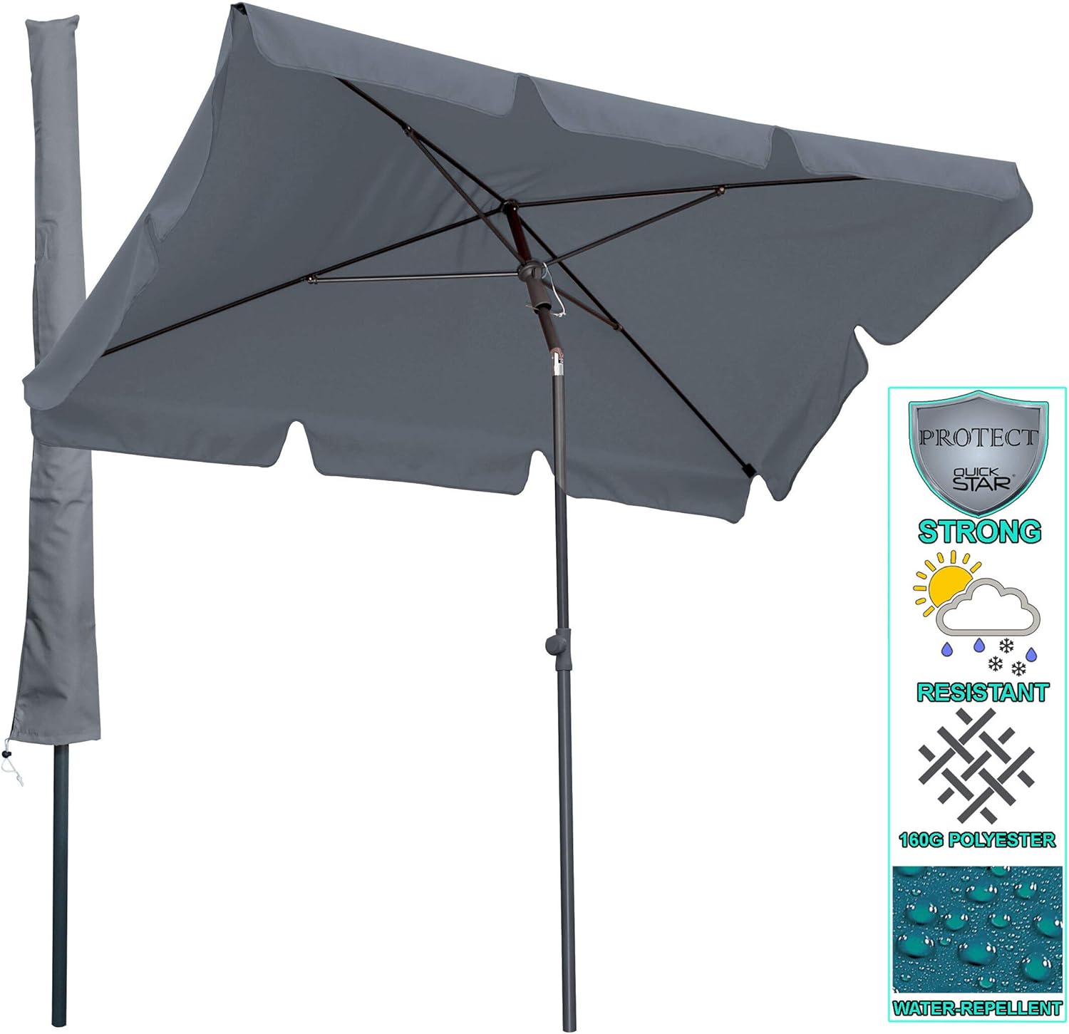 QUICK STAR Balkon Sonnenschirm 200x125cm Balkonschirm Rechteckig Knickbar Grau Gartenschirm UV 50 mit Schutzhülle
