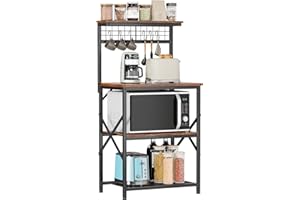 Furologee Kitchen Bakers Rack with Hutch, Coffee Bar Station 4 Tiers, Microwave Oven Stand with 6 S Hooks and Pegboard, Kitchen Microwave Rack for Spice Organizer Workstation, Rustic Brown