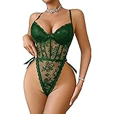 Avidlove Women Teddy Lingerie Deep V Lace Bodysuit Lingerie One Piece Mini Babydoll Satiny Side Bow