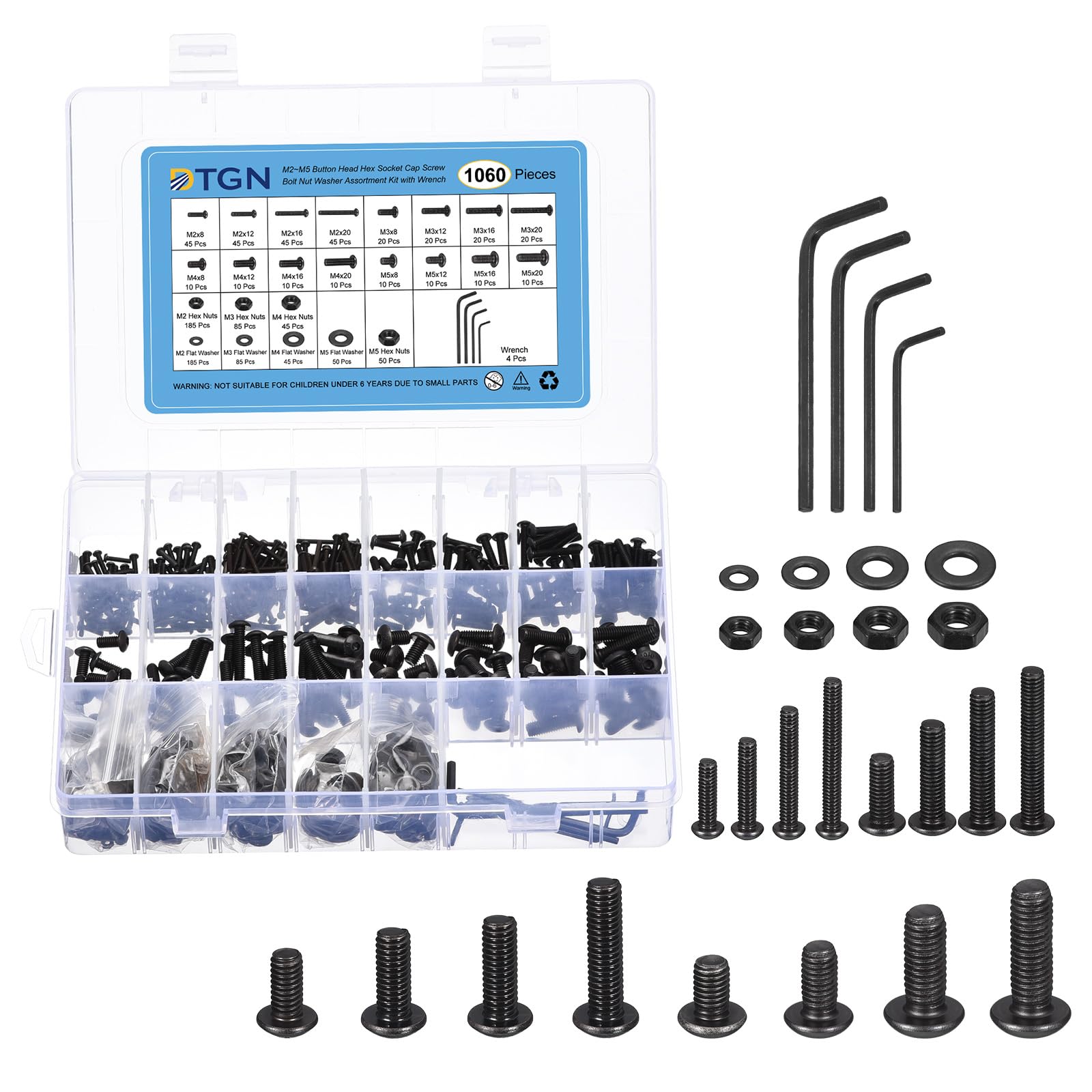 DTGN 1060Pcs M2 M3 M4 M5 Button Head Socket Cap Screws - Carbon steel Full Thread Bolt Nut Set Washer Assortment Kit & Wrench - Good for Machine, Furniture