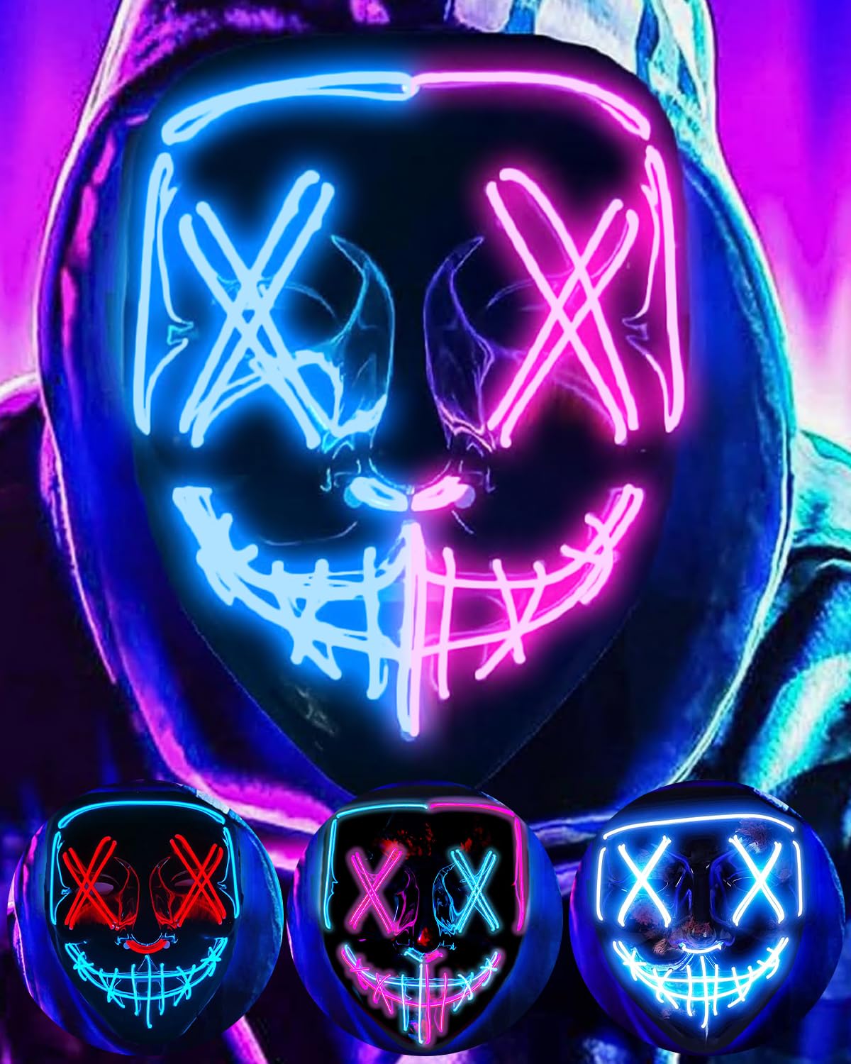 DWTECH LED Halloween Mask - Light Up Mask LED Masks EL Wire Scary Mask for Masquerade Cosplay Light Up Face Mask for Kids Men Women Halloween Festival Party (Blue&Pink 1) — image 1