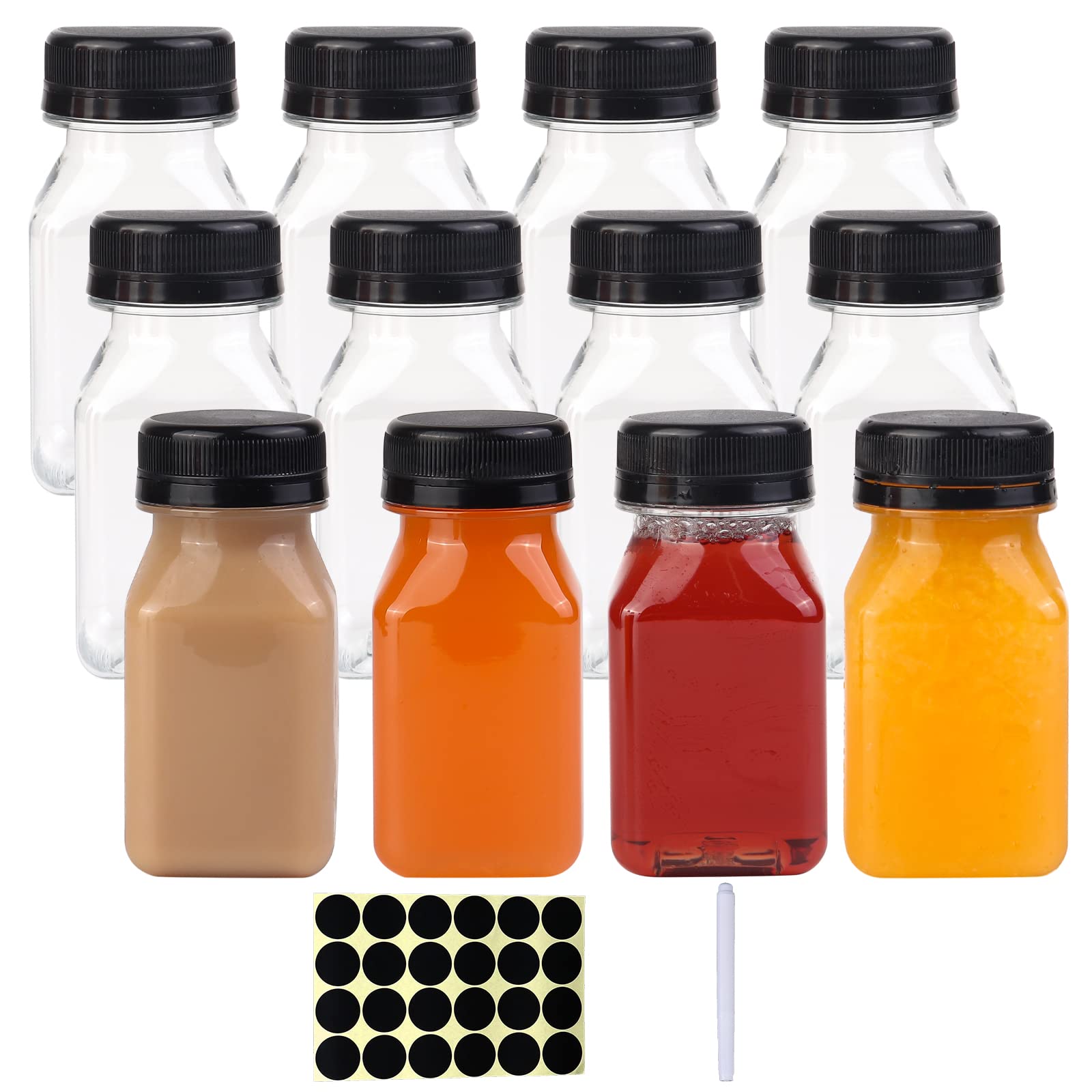 4oz Plastic Empty Juice Bottles, Happybase 12pcs 100ml Reusable Water Bottles with Caps, Clear Bulk Drink Containers with Black Tamper Evident Lids for Juicing Smoothie Milk Drinking (24 Label, 1 Pen)