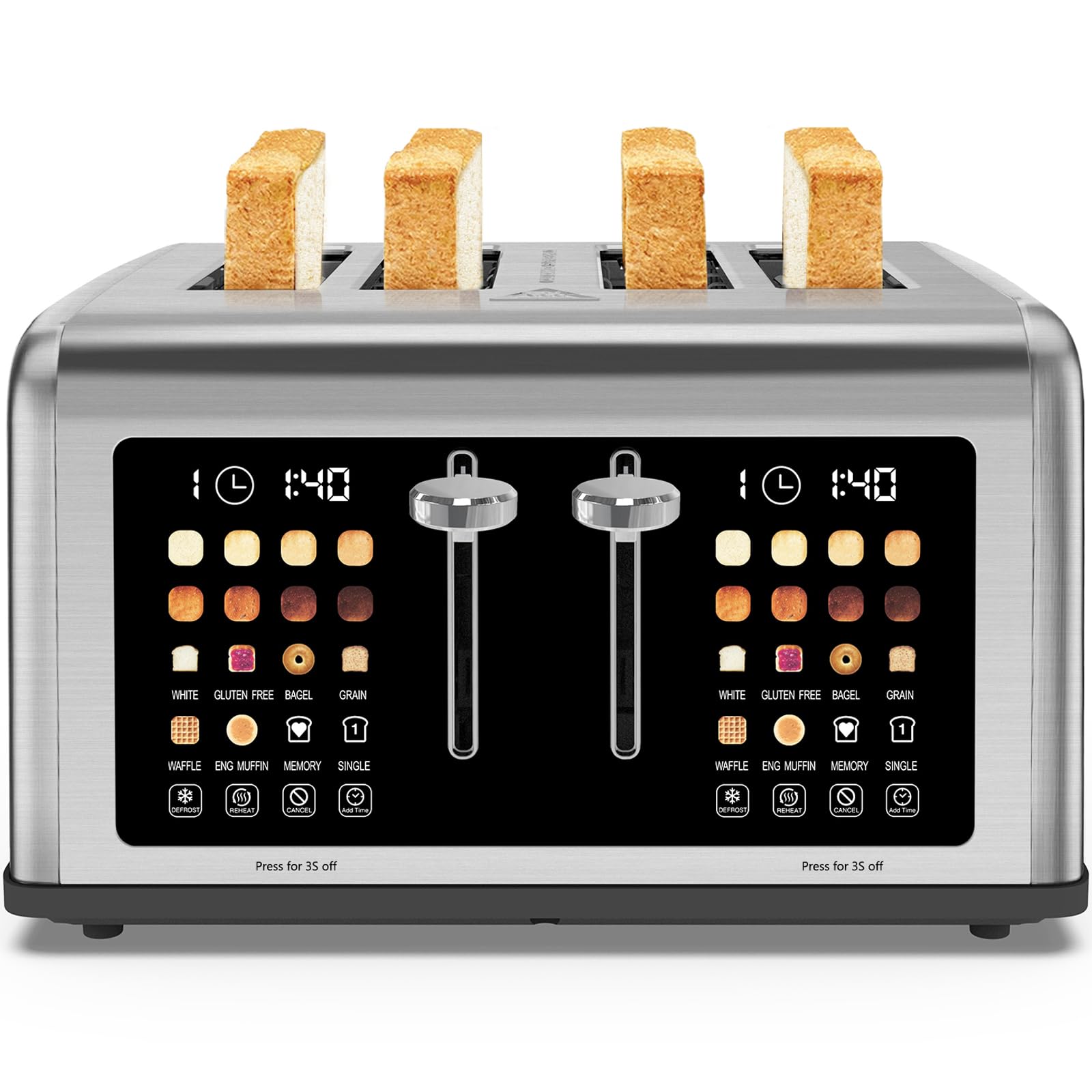 Tostadora de 4 rebanadas con pantalla táctil, tostadoras de acero inoxidable, temporizador digital, tostadoras con panel de control dual, 8 configuraciones de sombra, 6 tipos de pan para bagel, cancelar, descongelar 1650W