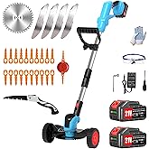 Electric Weed Wacker Cordless Eater Battery Powered Eater Lightweight Edger Portable Stringless Grass Trimmer/Lawn Mower/Brush Cutter, with 3 Types Blades & Wheels for Yard and Garden-Blue