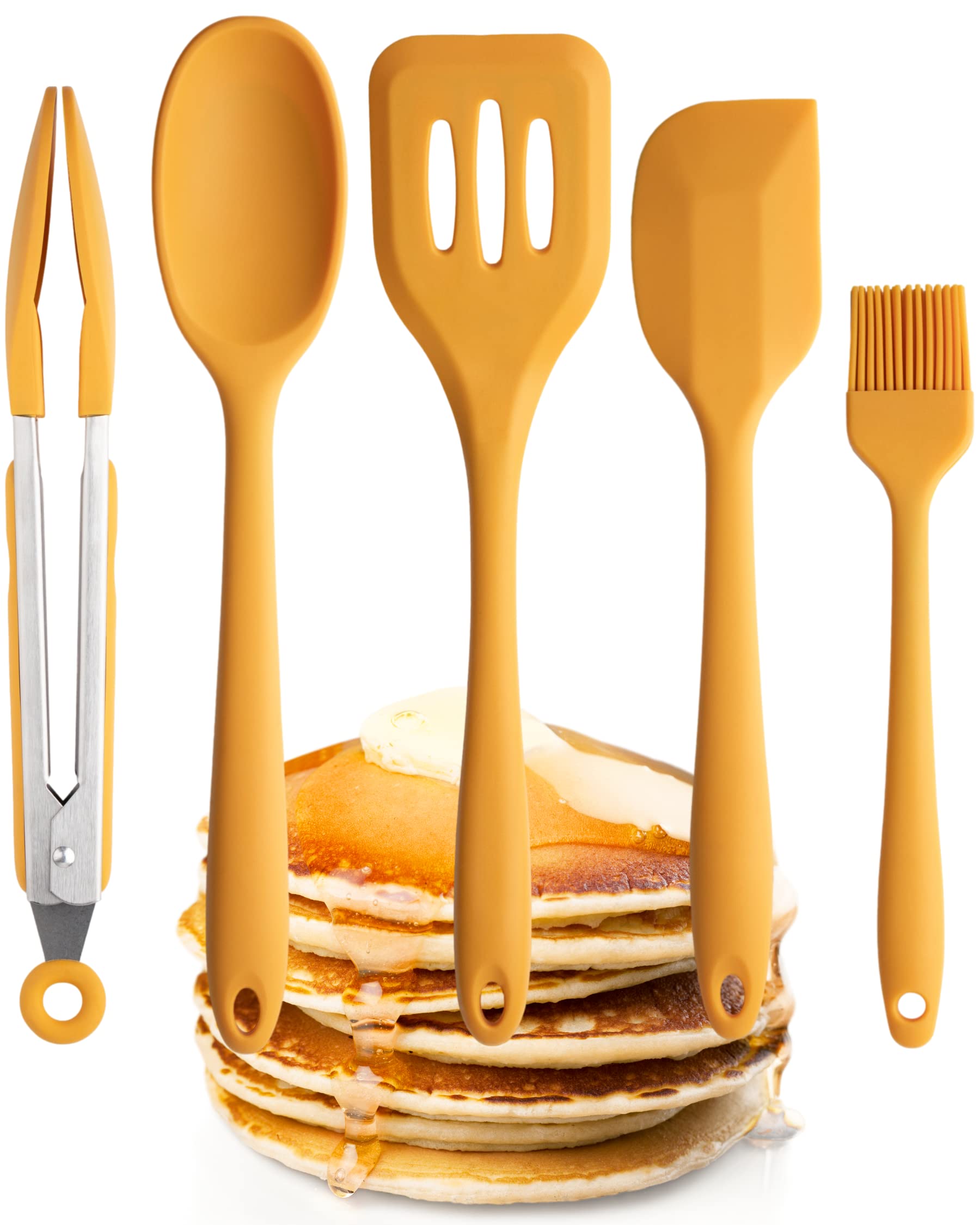 Taylors Eye Witness Yellow Silicone Turner, Spoon, Spatula, Tongs and Brush Set - Dishwasher Safe. Durable Non-Scratch Head. Handy Utensil Kitchen Tools. Odour, Stain, Heat Resistant. 5 Year Guarantee