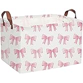Sanjiaofeng Rectangular Kids Basket Pink Storage Bins,Girls Storage Baskets with Handles.Clothers,Toys,Books,Kid's Gifts Storage. (Pink Bowknot)