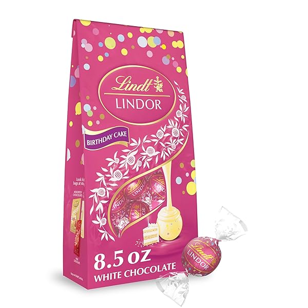 LINDT LINDOR BIRTHDAY CAKE WHITE CHOCOLATE TRUFFLES, WHITE CHOCOLATE CANDY WITH SMOOTH, MELTING TRUFFLE CENTER, 8.5 OZ.