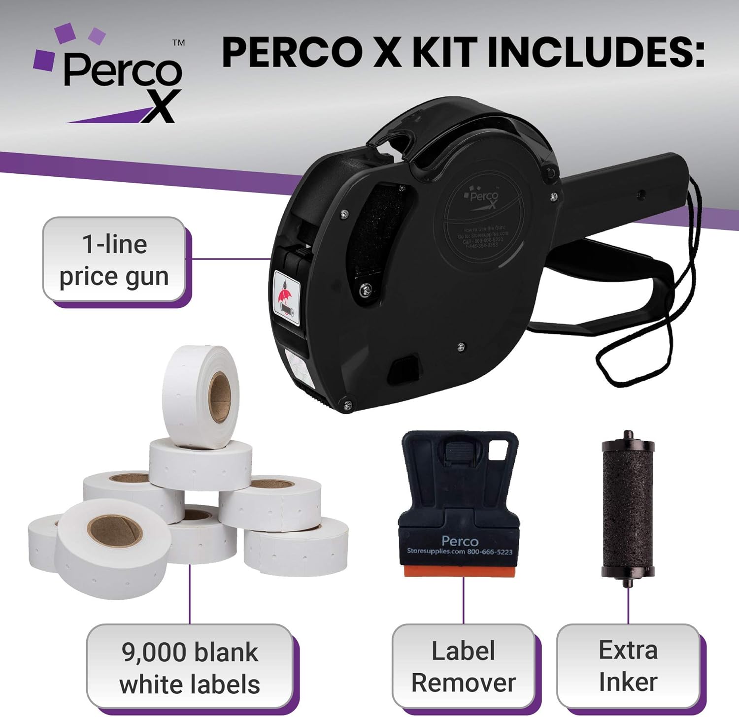 Perco X 1 Line Price Gun Kit - 1 Line Label Gun with 9000 White Blank Labels, and an Extra Inker : Office Products
