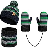 Kids Winter Pompom Beanie Hat Scarf Gloves Set for Boys&Girls Age 3-8, Fleece Lined Skull Cap Neck Warmer Mitten Set