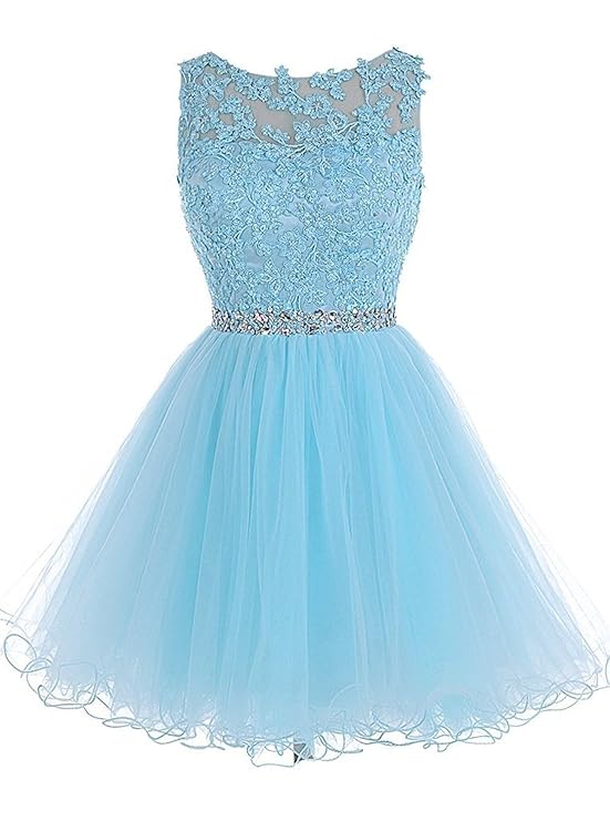 Caissen Damen Kurz Ballkleid Sheer Rundhals Perlstickerei Appliques Tüll Abiball Kleider Offener Rücken mit Reißverschluss Pa