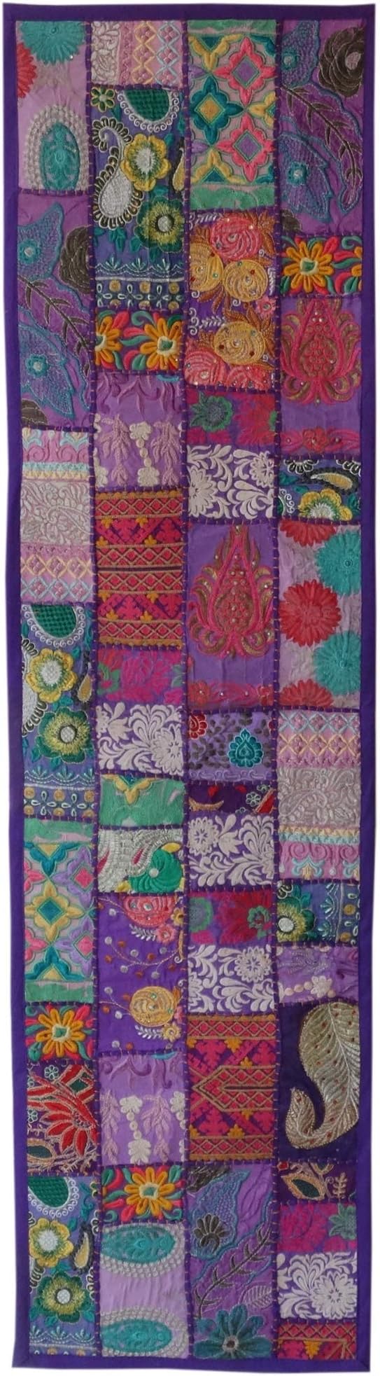 Indian Handmade Vintage Patchwork Table Runner Bohemian Wall Hanging 150cmx40cm (Purple)