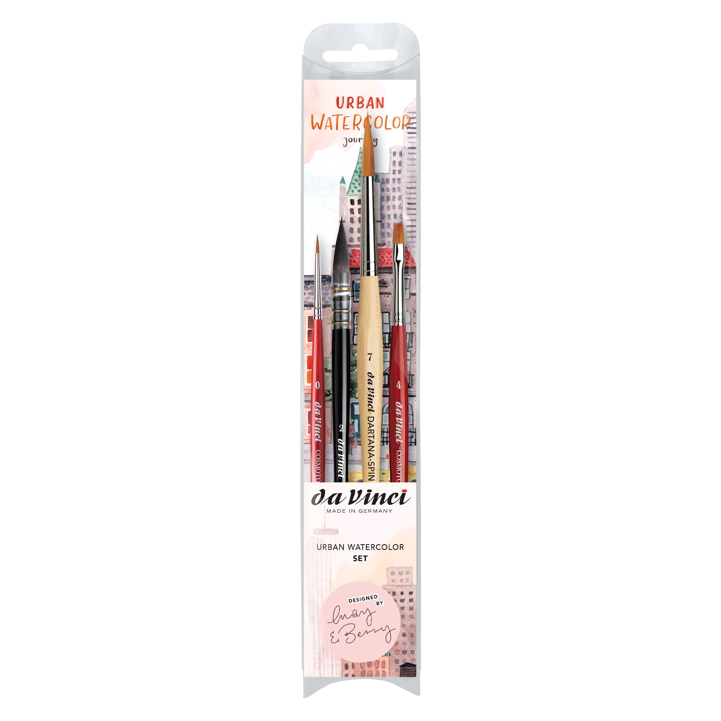 da Vinci, SIGNATURE URBAN WATERCOLOR JOURNEY, Set, May & Berry, watercolor brushes, For paper, Silk painting & Washed-out, Made in Germany, Sizes 7, 2, 0 & 4