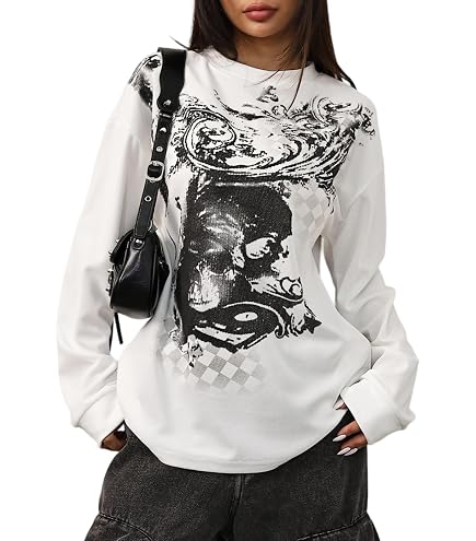 Women's Y2K Retro Printed Slanted Shoulder top, Loose and Slimming