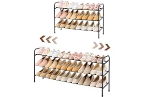 Gewudraw 3-Tier Shoe Rack Expandable, Width Adjustable Shoe Shelf Storage Organizer, 41.53'' Metal Standing Shoe Rack for Bedroom Entryway Closet, Holds up to 18 Pairs Shoes, Black