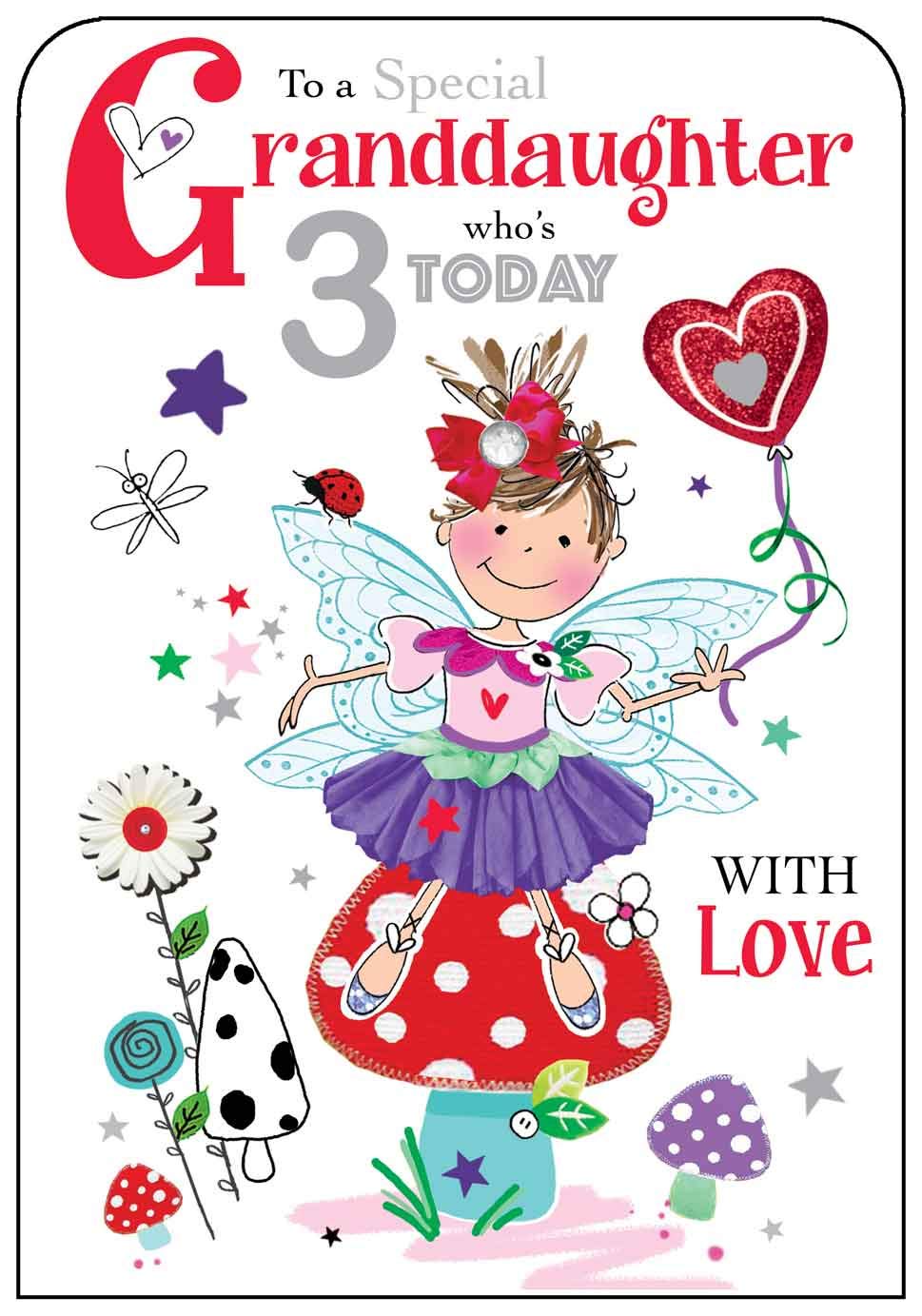 Jonny Javelin - 'Happy Birthday' Greetings Card - Granddaughter 3rd Birthday - Fairy Pixie Glitter Plants Fun