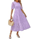 ZESICA Women's 2026 Summer Short Puff Sleeve Crewneck Smocked Floral Lace Flowy A Line Tiered Maxi Dresses
