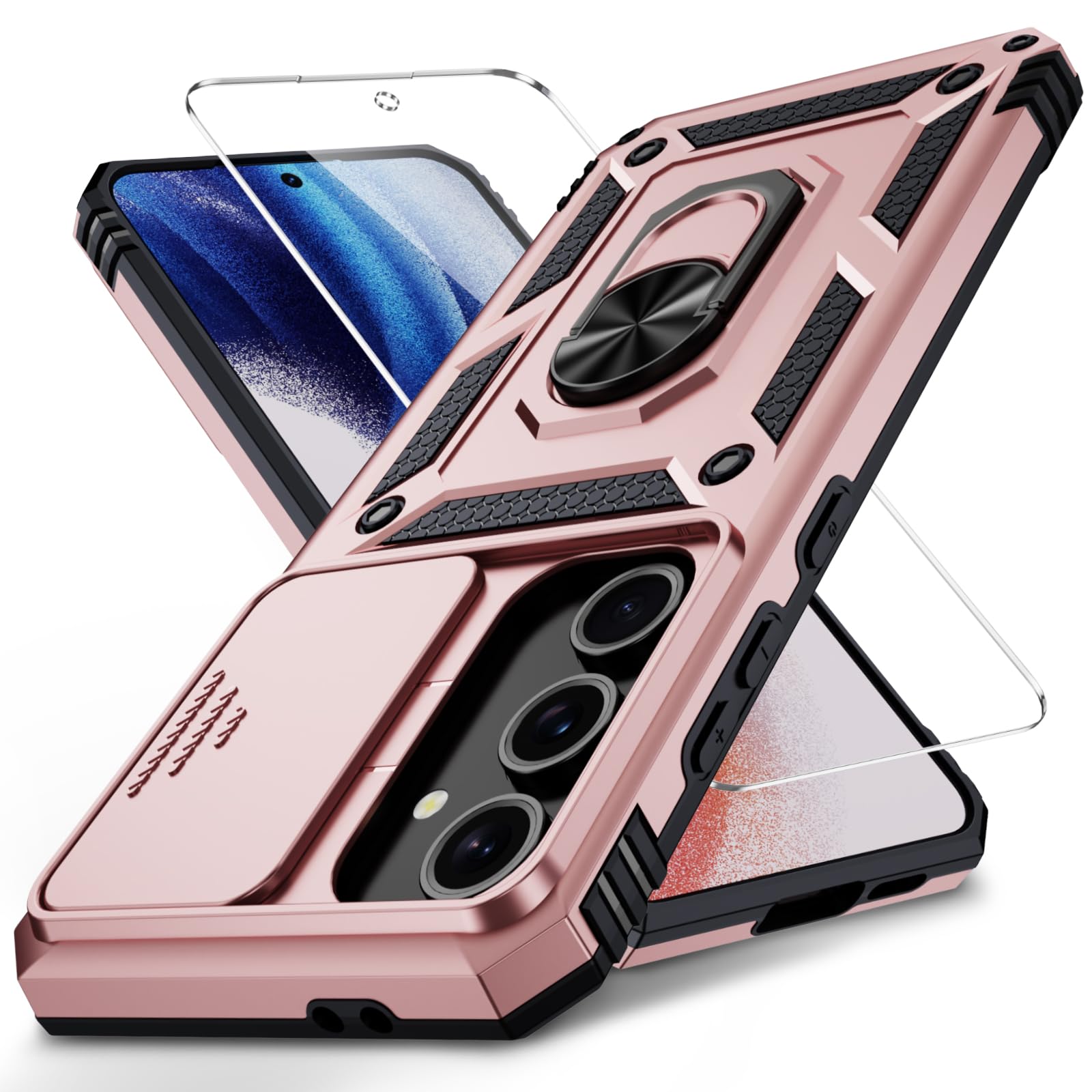 Weycolor for Samsung Galaxy S24 FE Case with Camera Lens Cover, HD Screen Protector, 10 FT Military Grade Drop Protection, Magnetic Ring Holder Kickstand Protective Phone Case, Rose Gold
