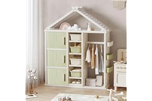 Deer COCO Kids' Armoire Closet for Bedroom, Clothing Organizer Hangers, Girls Clothes Wardrobe Storage Bins for Nursery, Storage Closet Side Baskets Shelves Baby Clothes Cabinet (Green)