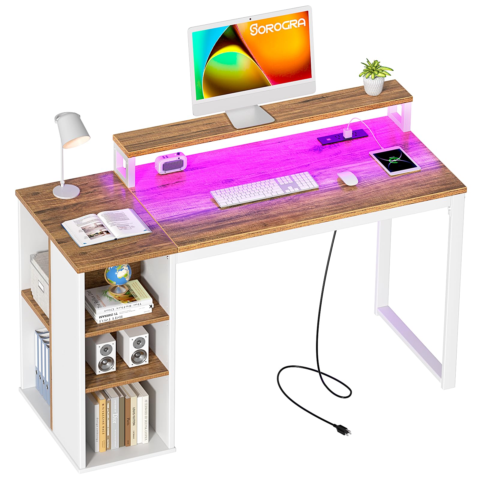 Photo 1 of SOROGRA Computer Desk with LED Lights and Power Outlets 47 inch Home Office Desk with Storage Shelves, Small Writing Desk with Monitor Stand for Bedroom,Workstation, Walnut