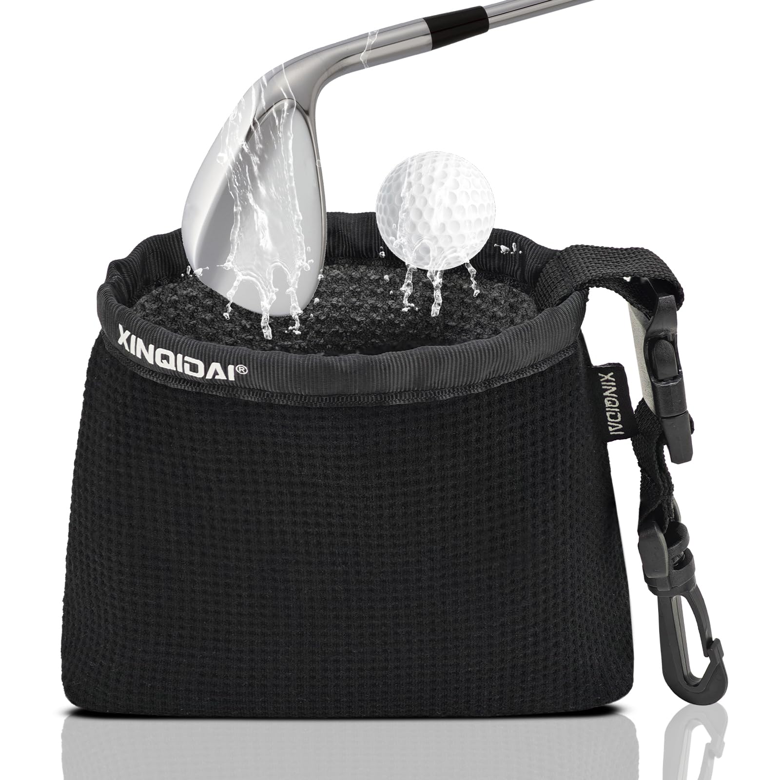 Photo 1 of XINQIDAI Golf Club and Golf Ball Cleaning Bag - Cleans Club Grooves, Waterproof Clean Face Tech, Detachable Clip, Machine Washable, Stay-Dry Exterior (1-Pack,Black)