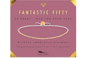 Lucky Feather 50th Birthday Gifts for Women Turning 50-14K Gold Dipped Beads Bracelet on Adjustable Cord, 50th Birthday Jewelry Gift Ideas 50 Year Old Woman