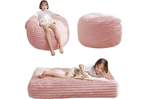 MAXYOYO Kids Bean Bag Chair Bed, Convertible Children Chair to Floor Mattress with Filler, Faux Fur Bean Bag Bed Stuffed Child Sofa Couch for Girl Boy Sleeping, Machine Washable Cover, Pink