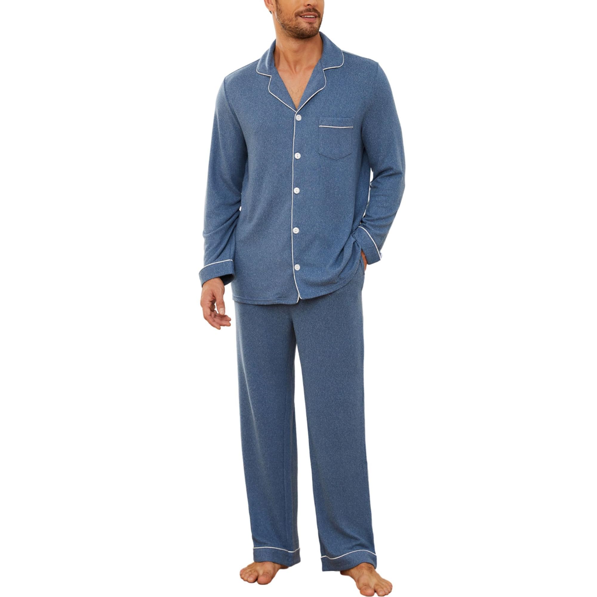 Photo 1 of U2SKIIN Mens Ultra Soft Pajama Set, Stretch Long Sleeve Lounge Pjs Button-Down Lightweight & Cozy Sleepwear(Dark Navy Mel., M)