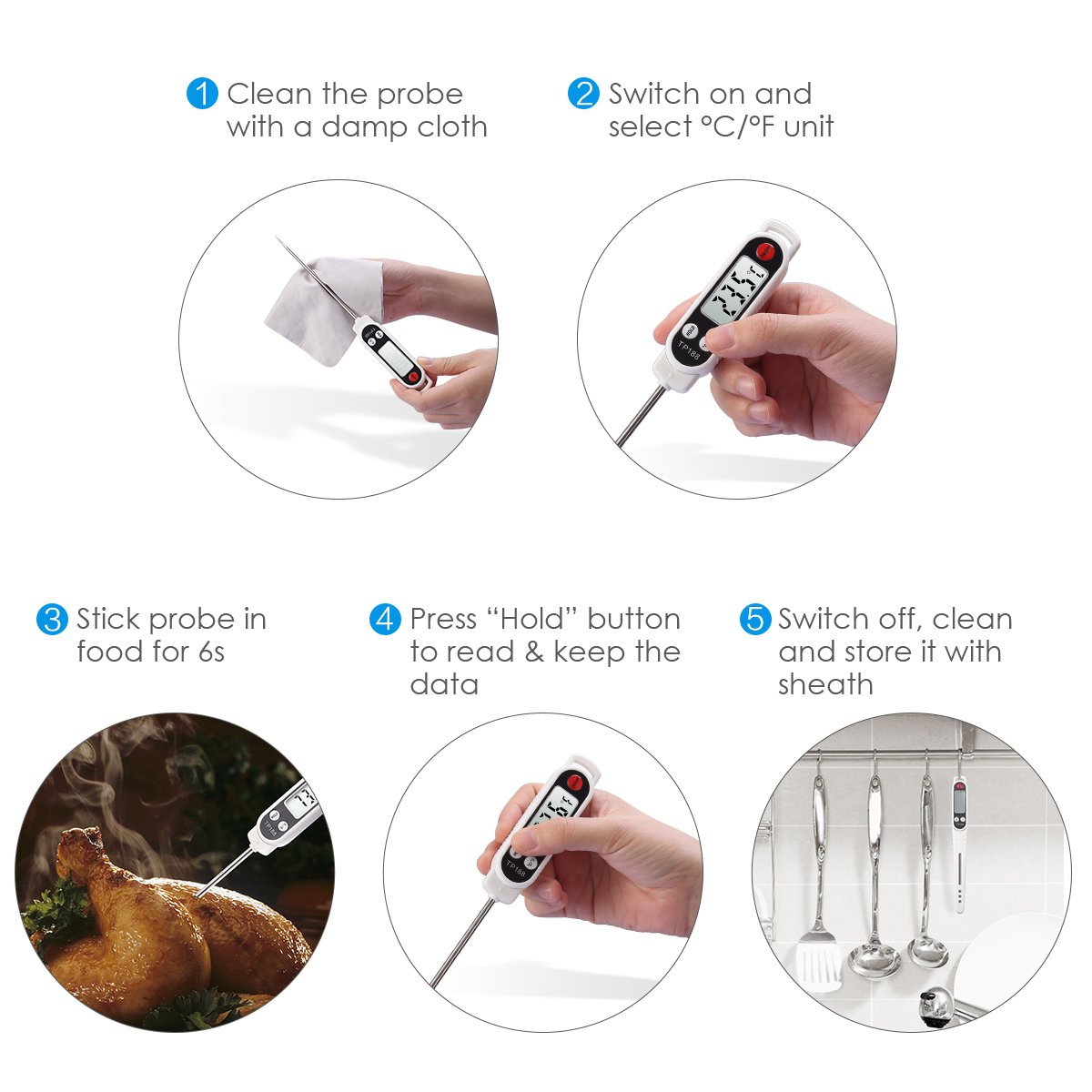 AMIR Digital Meat Thermometer, Upgraded Instant Read Cooking Thermometer with 4.7” Long Probe & LCD Display, Accurate & Fast Food Thermometer with Extended Sheath for Grill, BBQ, Baking, Cooking