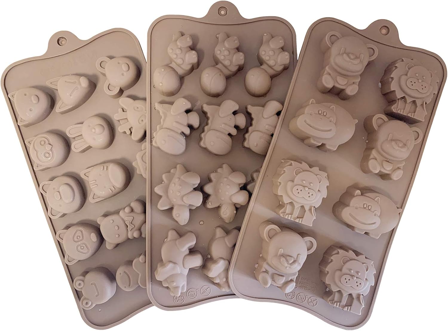 3 Pack Animal Shape Chocolate Candy Molds Set , Food Grade Silicone Baking Mold Ice Cube Tray for Chocolate, Candy, Cupcakes,Jelly, Pudding, Muffin - Dinosaurs, Lions, Bears, etc.