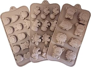 3 Pack Animal Shape Chocolate Candy Molds Set , Food Grade Silicone Baking Mold Ice Cube Tray for Chocolate, Candy, Cupcakes,Jelly, Pudding, Muffin - Dinosaurs, Lions, Bears, etc.
