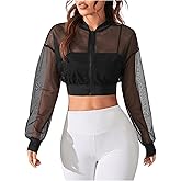Verdusa Women's Mesh Sheer Crop Athletic Jackets Lightweight Long Sleeve Zip Up Jacket Outwear