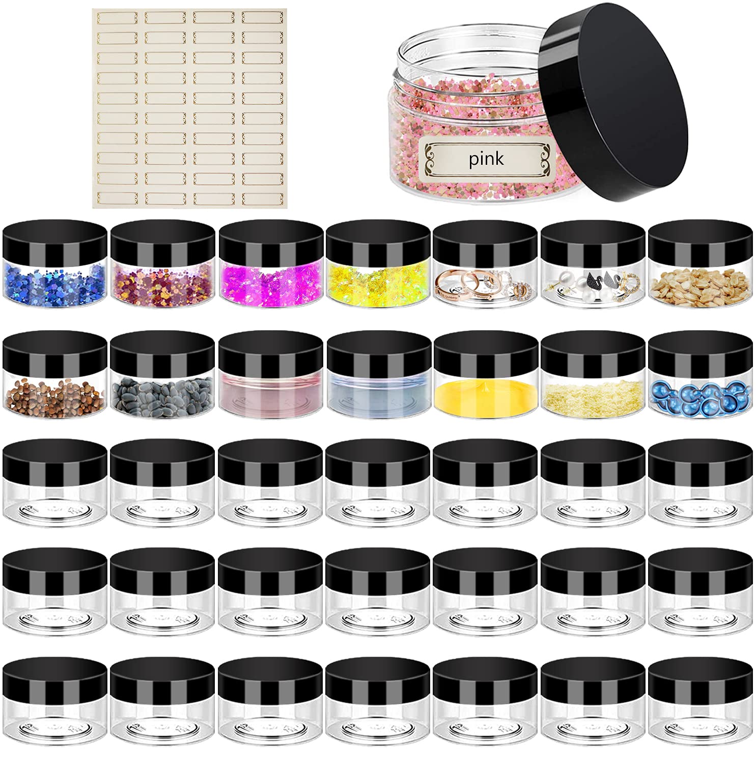 2oz Plastic Jars with Lids 36PCS Small Cosmetic Slime Containers Clear Travel Round Jars Empty Sample Containers Leak Proof Pot Jars with Black Lids for Lotion and Cream Acrylic Powder Lip Scrubs : Beauty