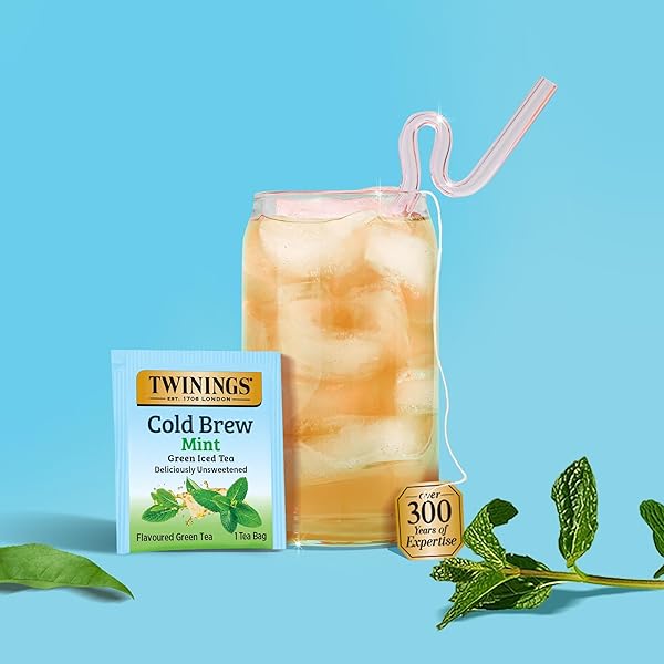 TWININGS COLD BREWED ICED TEA – MINT FLAVORED GREEN TEA WITH PEPPERMINT LEAVES, CAFFEINATED GREEN AND BLACK TEA EXTRACTS, UNSWEETENED COLD BREW TEA BAGS INDIVIDUALLY WRAPPED, 20 COUNT