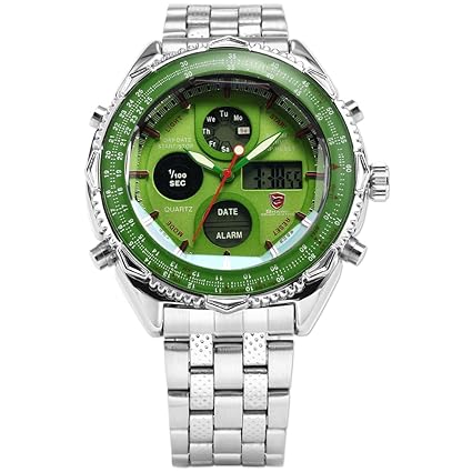 HELMASK COLLECTION Helmask Watch - Stainless Steel 304 White Round Mens Analog Date Day 24Hour 2 Time Zone Dual Wrist