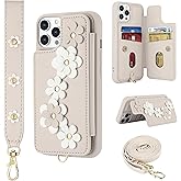 Srddty Compatible with iPhone 13 Pro Wallet Case with Card Holder for Women, Kickstand, Crossbody Lanyard, Wrist Strap Flower Leather Flip Cover Designed for iPhone 13 Pro 6.1", Beige