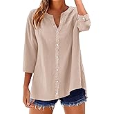 LOMON Womens 3/4 Sleeve Button Down Shirts Cotton Linen Roll Up Short Sleeve Tops V Neck Casual Loose Fit Blouses