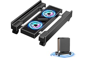 CABTE Adjustable Computer Tower Stand with Cooling Fan, Mobile CPU Holder with 4 Rolling Casters, Under Desk CPU Bracket PC Floor Cart PC Riser for Office, Home and Classroom. (Fan Version)