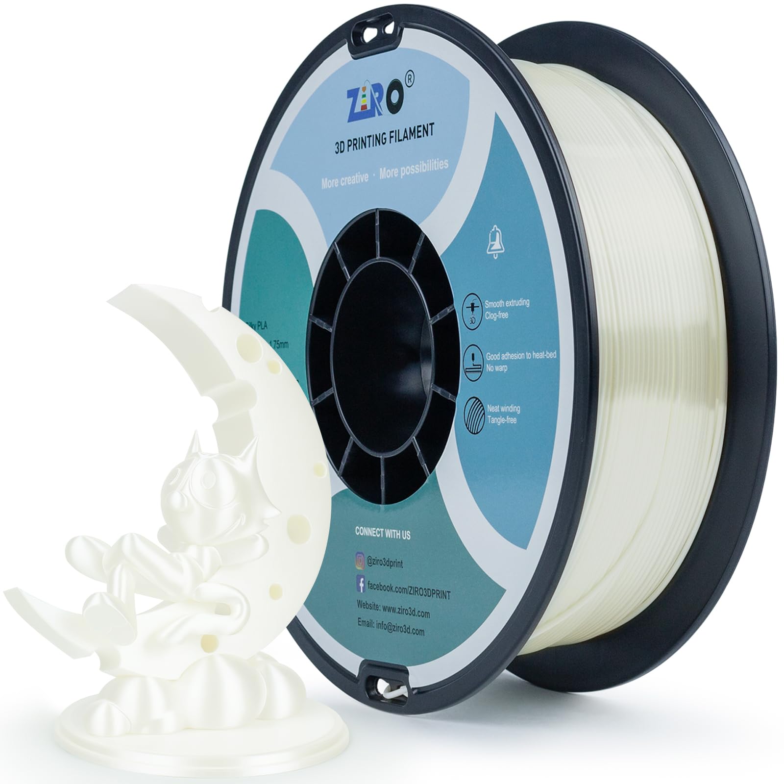 ZIRO PLA Silk Filament 1.75mm, 3D Printer Filament PLA Silky Series 1.75mm 1KG(2.2lbs), Dimensional Accuracy +/- 0.03mm, White