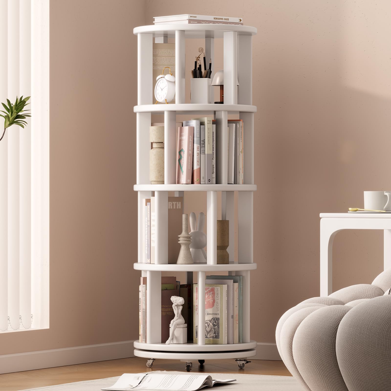 Photo 1 of KASLANDI Solid Wood Rotating Bookshelf with Brake Wheels, 360°Display 4 Tier Floor Stackable Spinning Bookshelf Tower for Kids & Adults, Revolving Bookcase for Small Space, Corner (White)