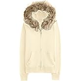 Lauweion Womens Faux Fur Trim Zip-Up Hoodie Fleece Lining Casual Oversized Hooded Sweatshirt with Pockets