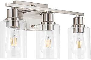 FILIMITIY Bathroom Vanity Light Fixtures, 3-Light Brushed Nickel Bathroom Lights, Wall Sconces with Clear Glass Shade for Hallway Farmhouse Bedroom Living Room