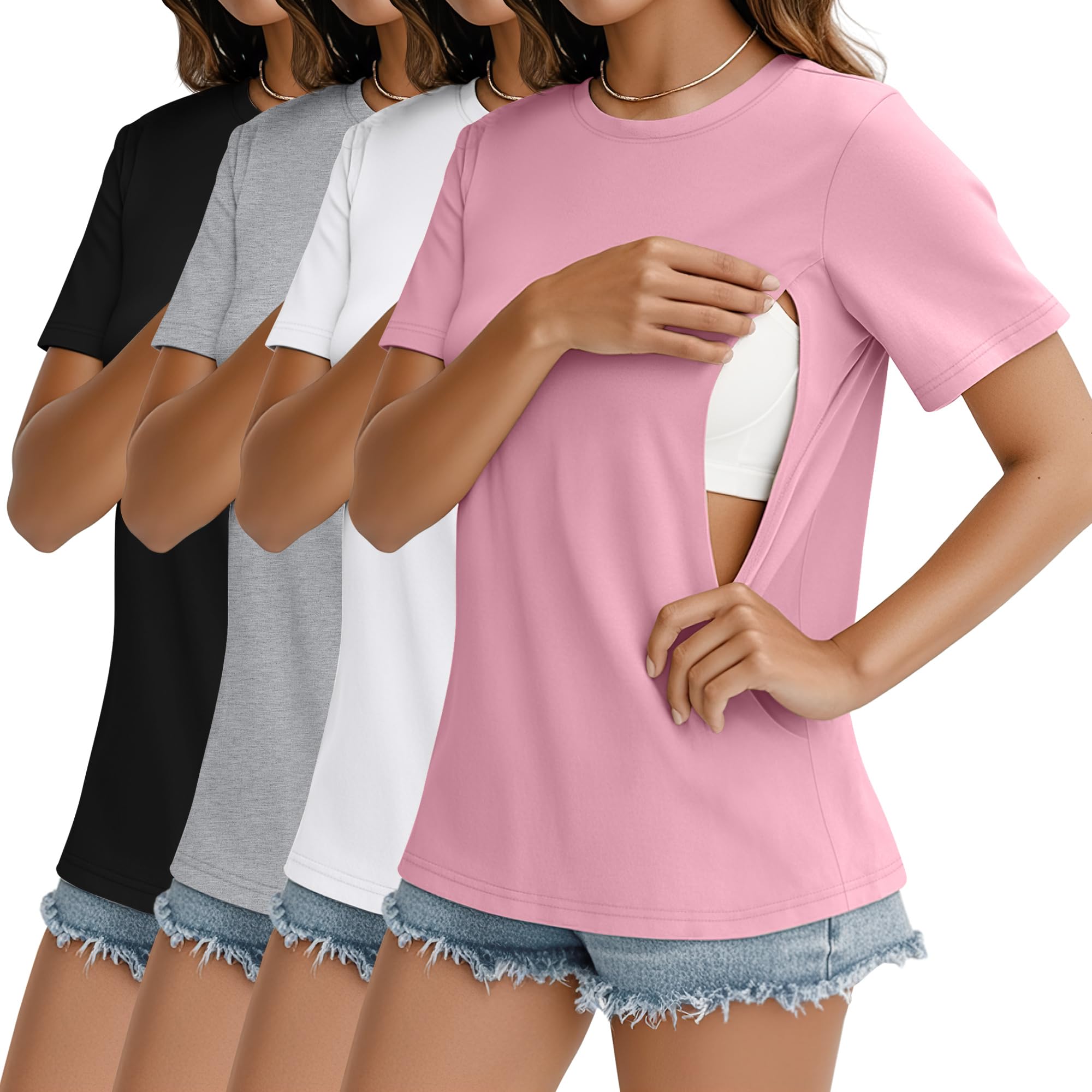 Photo 1 of ****3 SHIRTS ONLY**** Oakgarden 4 Pack Women's Nursing Breastfeeding Shirts with Zipper Cotton Loose Fit Short Sleeve Maternity Top Nursing Clothes(Light Pink, White, Gray, Black,XX-Large)