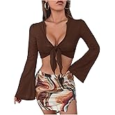 GORGLITTER Women's Bell Long Sleeve Tops Tie Front Cropped V Neck Sexy Going Out T Shirts