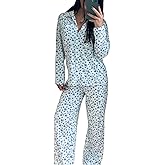 Seyurigaoka Women 2 Piece Floral Pajamas Lounge Set Y2K Long Sleeve Shirt Wide Leg Pants Sleepwear Pj Matching Sets