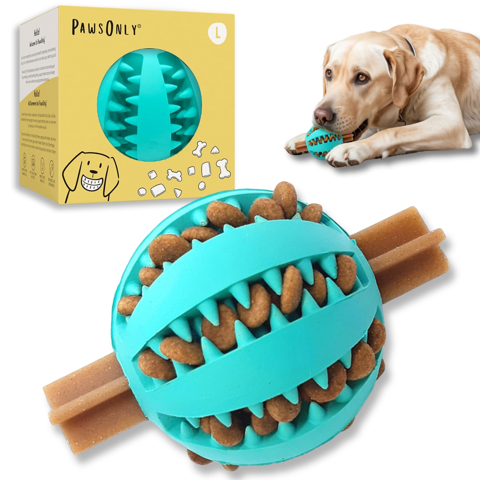 PawsOnly | Dog Treat Ball Dispenser | Interactive Toy for Boredom | Enrichment & Mental Stimulation | Safe Rubber Feeder | Puppy Challenging Activity (Large 8cm/3.15in, BLUE, 1 Pack)