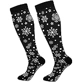 Kigai Knee High Socks Christmas Black Snowflake Compression Sock 1 Pair Casual Athletic Tube Socks for Soccer Women Men Medical Nurse Warm Stockings, 20-30mmHg