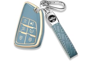 QBUC for Chevy Key Fob Cover with Keychain Soft TPU Protection Case Compatible with 2021-2026 Chevy Tahoe Suburban GMC Yukon Denali Silverado 6-Buttons(Gold Trim Blue)