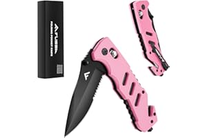 FLISSA Folding Pocket Knife with Clip, Glass Breaker and Seatbelt Cutter, Survival Knife for Emergency Rescue Situations, EDC Knife for Tactical, Hunting, Camping, Outdoor, Unique Gifts for Dad, Father-Pink