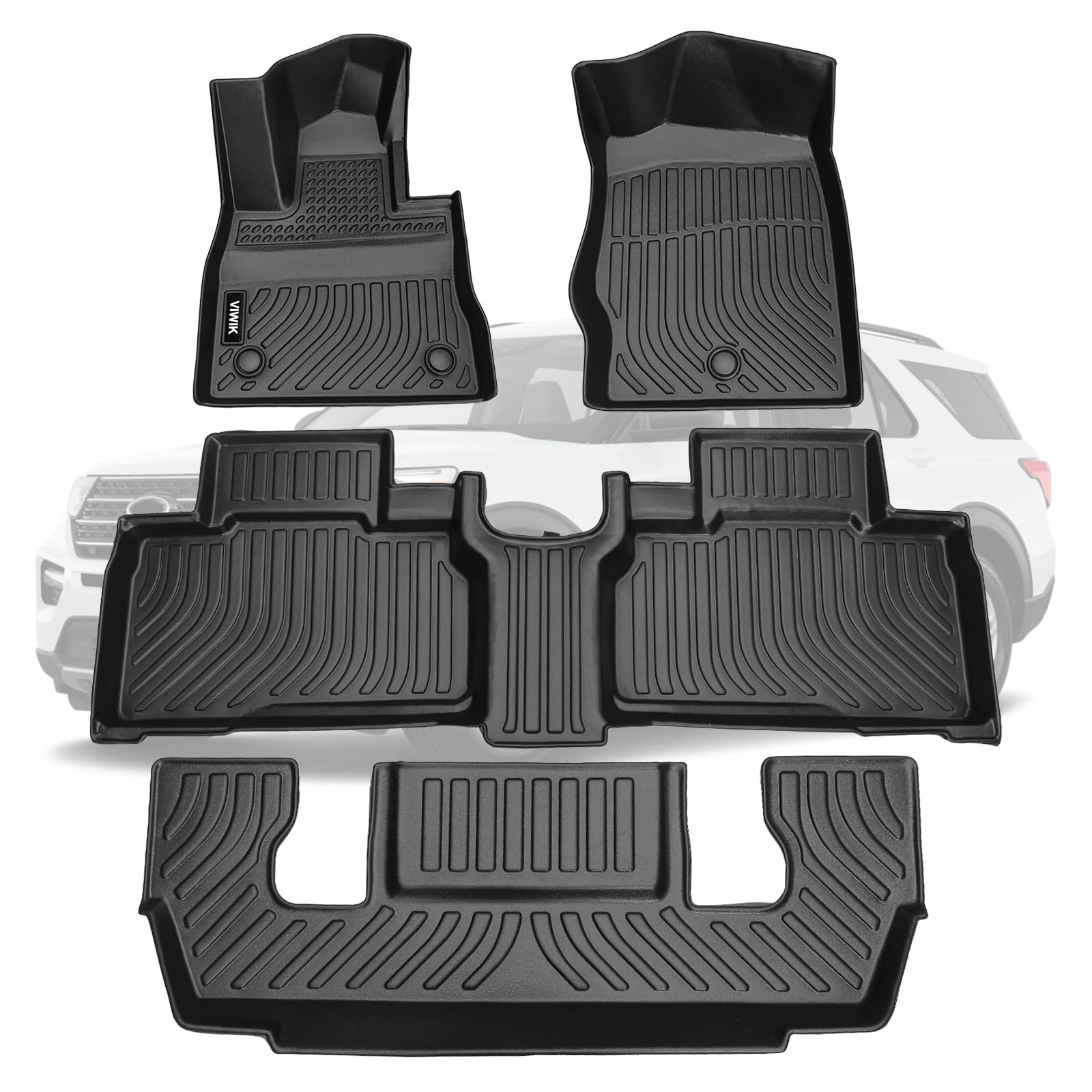 VIWIK Floor Mats for Ford Explorer 6 Seat 2025-2020, Anti Slip 3D Floor Liners, TPE Waterproof Car Mats, Custom Fit All Weather Protection for Explorer 6 Passenger SUV Accessories, 1st & 2nd & 3rd Row Image